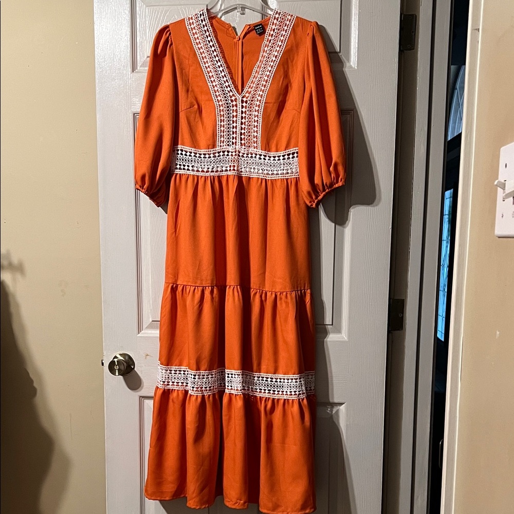 Vibrant Orange Long Sleeve Dress with Lace Accents